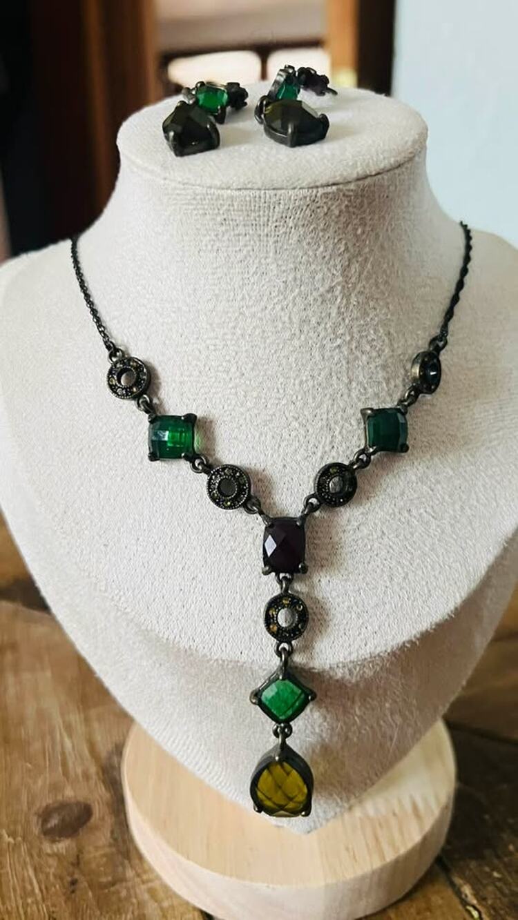 Vintage Green and Dark Stone Necklace and Earring Set